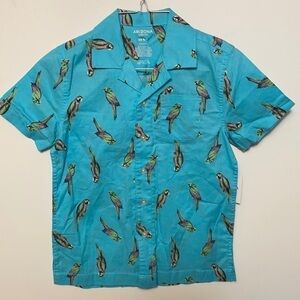 Nwt Arizona, Button Down Shirt, Blue, Tropical Parrots, Size XS (6-7)